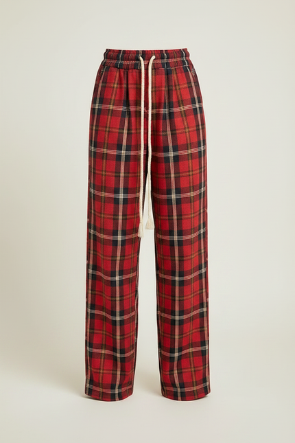 Pantalon À Pince Carreaux Écossais Rouge Ample Décontracté Femme - Coton - vue 3