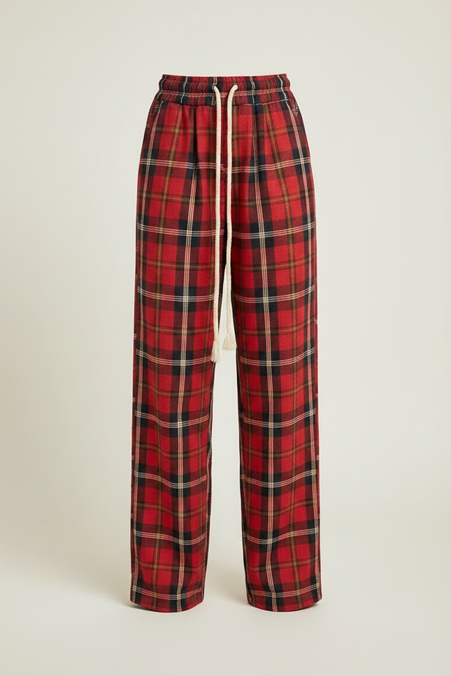 Pantalon À Pince Carreaux Écossais Rouge Ample Décontracté Femme - Coton - vue 3