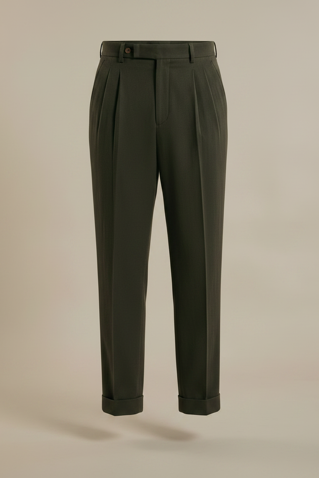 Pantalon À Pince Vert Foncé Plissé Ample Homme Élégant - Gabardine - vue 3