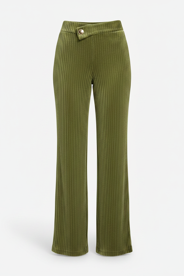 Pantalon À Pince Vert Côtelé Velours Taille Haute Fluide - Cordé - vue 3