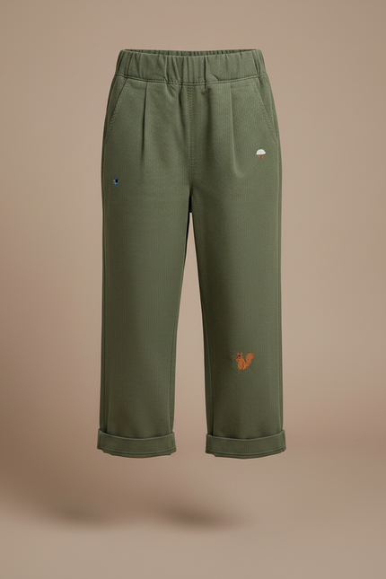 Pantalon À Pince Kaki Brodé Décontracté Ample Coton - vue 3