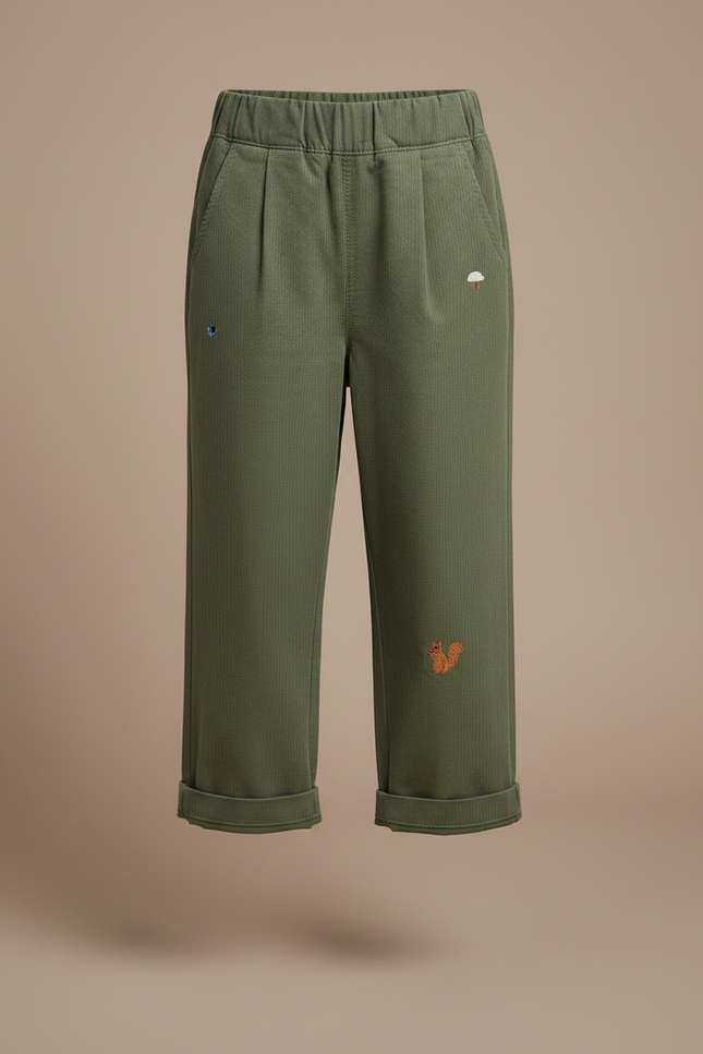 Pantalon À Pince Kaki Brodé Décontracté Ample Coton - vue 3