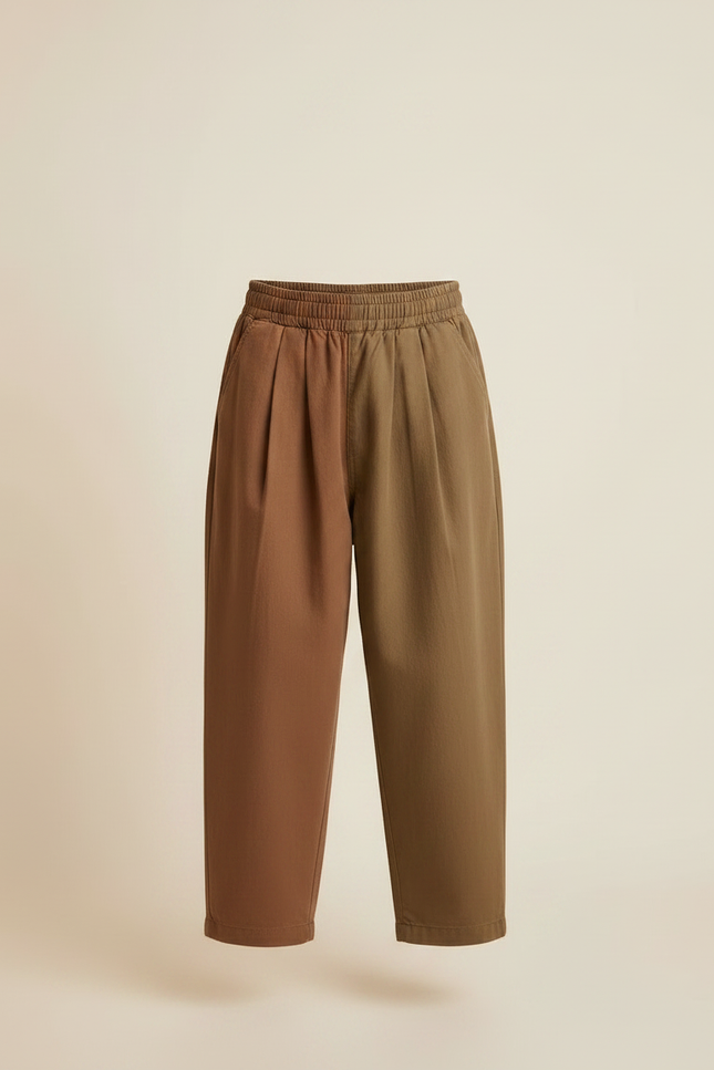 Pantalon À Pince Bicolore Ample Plissé Coton Décontracté Enfant - Kaki - vue 3
