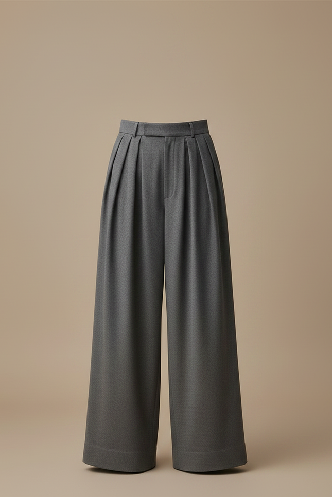 Pantalon À Pince Gris Large Plissé Fluide Femme - Laine - vue 3