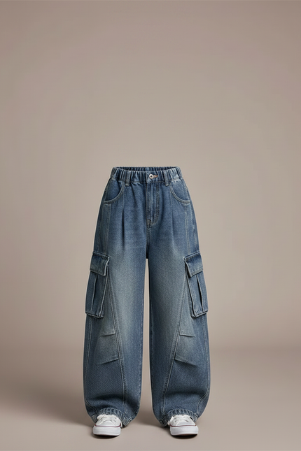Pantalon À Pince Cargo Ample Denim Enfant Décontracté - Bleu Jean - vue 3