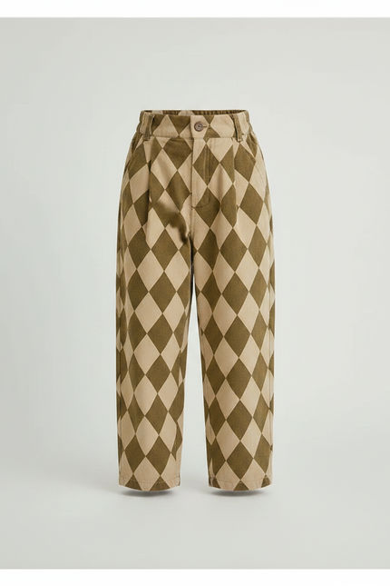 Pantalon À Pince Losanges Marron Beige Ample Enfant Coton - Imprimé - vue 3