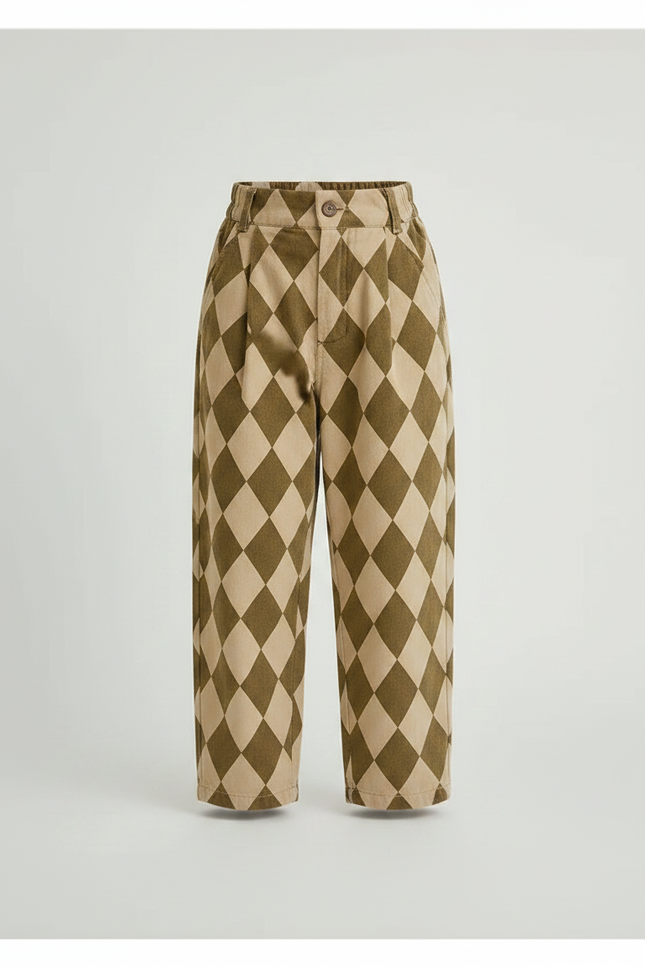 Pantalon À Pince Losanges Marron Beige Ample Enfant Coton - Imprimé - vue 3