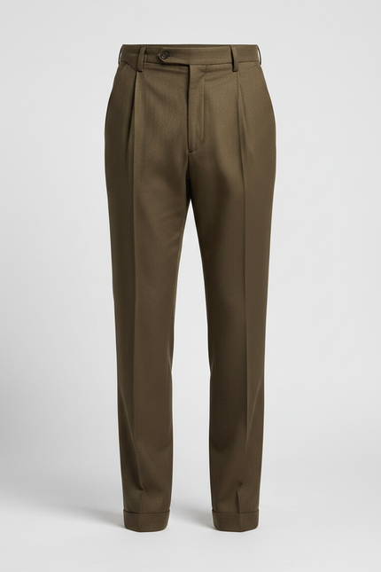 Pantalon À Pince Marron Laine Droit Élégant Plissé - Kaki - vue 3