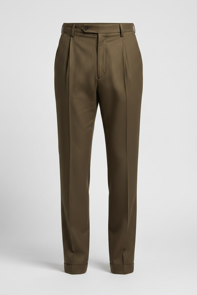 Pantalon À Pince Marron Laine Droit Élégant Plissé - Kaki - vue 3