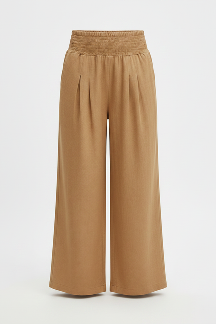 Pantalon À Pince Marron Ample Plissé Confortable - Camel Lin - vue 3