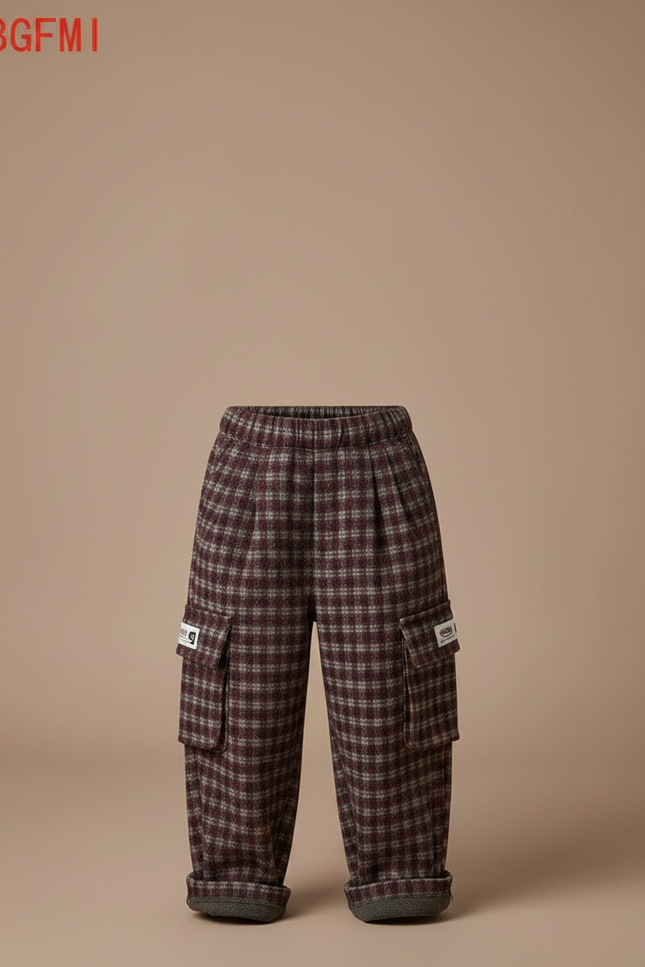 Pantalon À Pince Carreaux Ample Laine Cargo Enfant - Bordeaux Tweed - vue 3