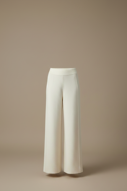 Pantalon À Pince Crème Laine Tricoté Ample Droit - Beige - vue 3