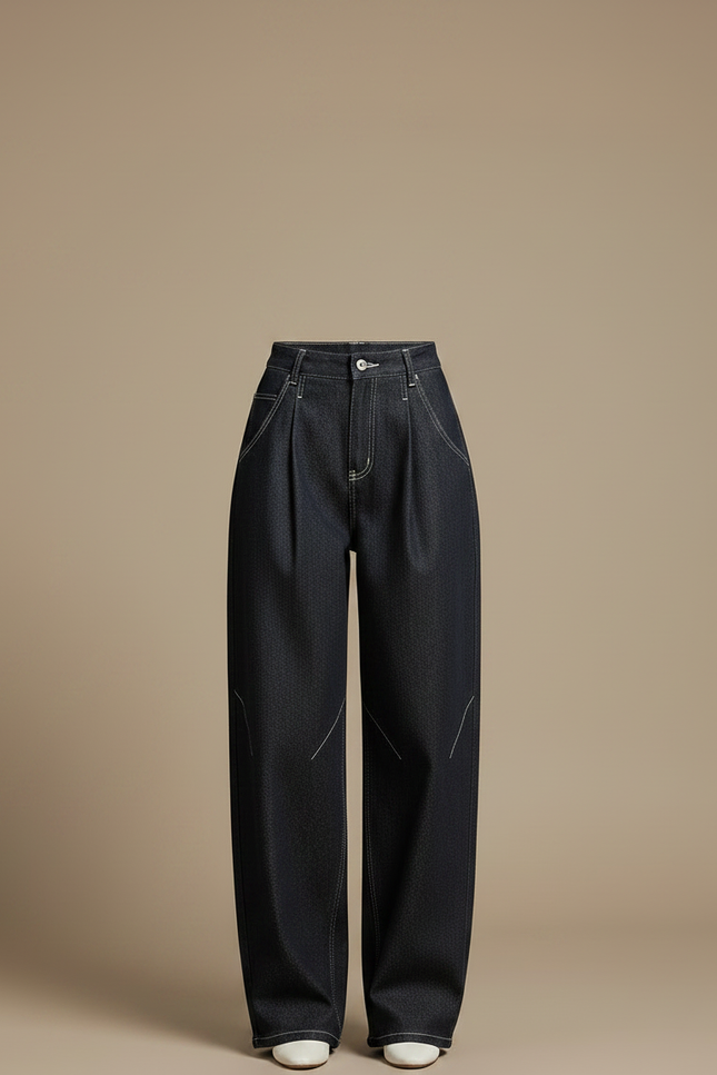 Pantalon À Pince Denim Plissé Ample Décontracté Femme - Marine Jean - vue 3