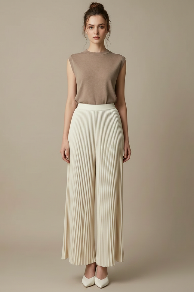 Pantalon À Pince Plissé Ample Crème Élégant Fluide - Beige Polyester - vue 3
