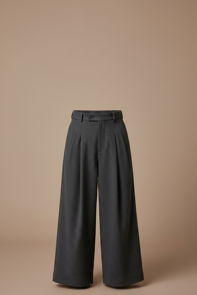 Pantalon À Pince Gris Ample Plissé Laine - vue 3