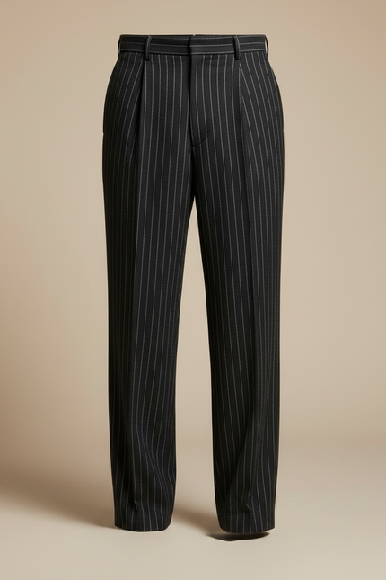 Pantalon À Pince Noir Rayé Plissé Droit Élégant - Laine - vue 3