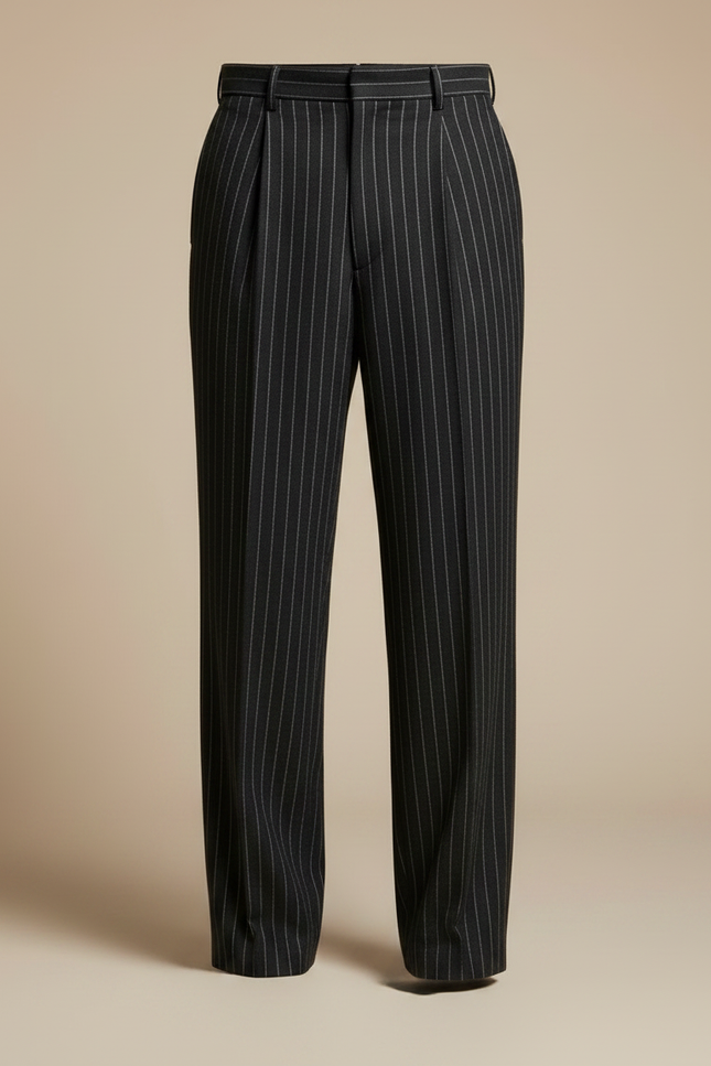 Pantalon À Pince Noir Rayé Plissé Droit Élégant - Laine - vue 3