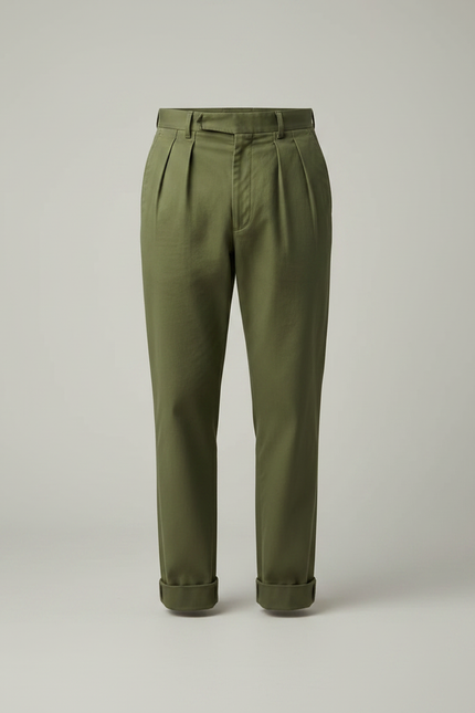 Pantalon À Pince Kaki Coton Plissé Décontracté Ajustable - vue 3