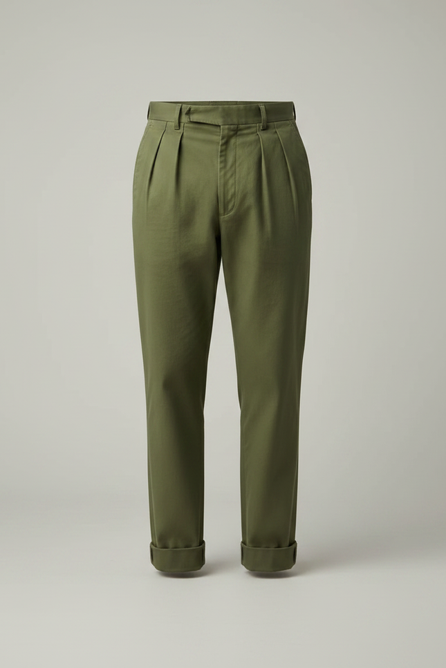 Pantalon À Pince Kaki Coton Plissé Décontracté Ajustable - vue 3