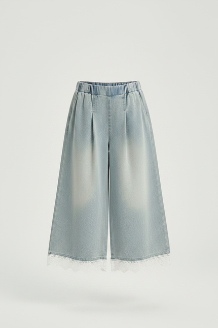 Pantalon À Pince Denim Ample Fille Dentelle Décontracté - Bleu Jean - vue 3
