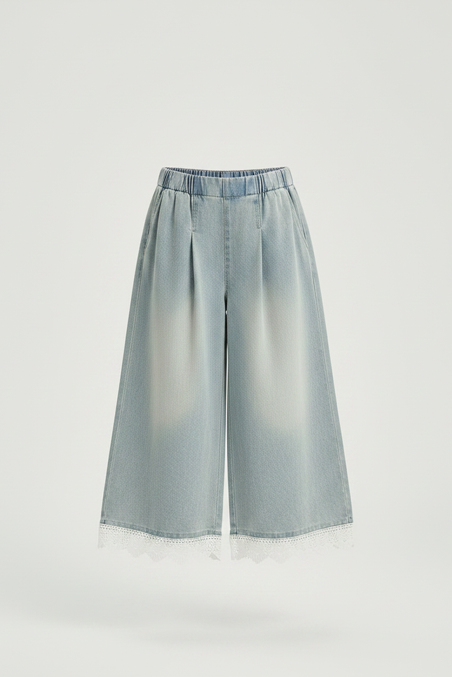 Pantalon À Pince Denim Ample Fille Dentelle Décontracté - Bleu Jean - vue 3