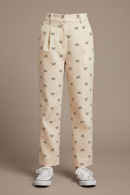 Pantalon À Pince Écru Droit Imprimé Nœuds Fille - Beige Gabardine - vue 3