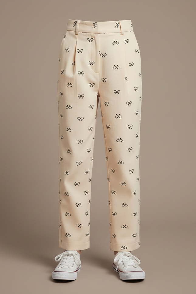 Pantalon À Pince Écru Droit Imprimé Nœuds Fille - Beige Gabardine - vue 3