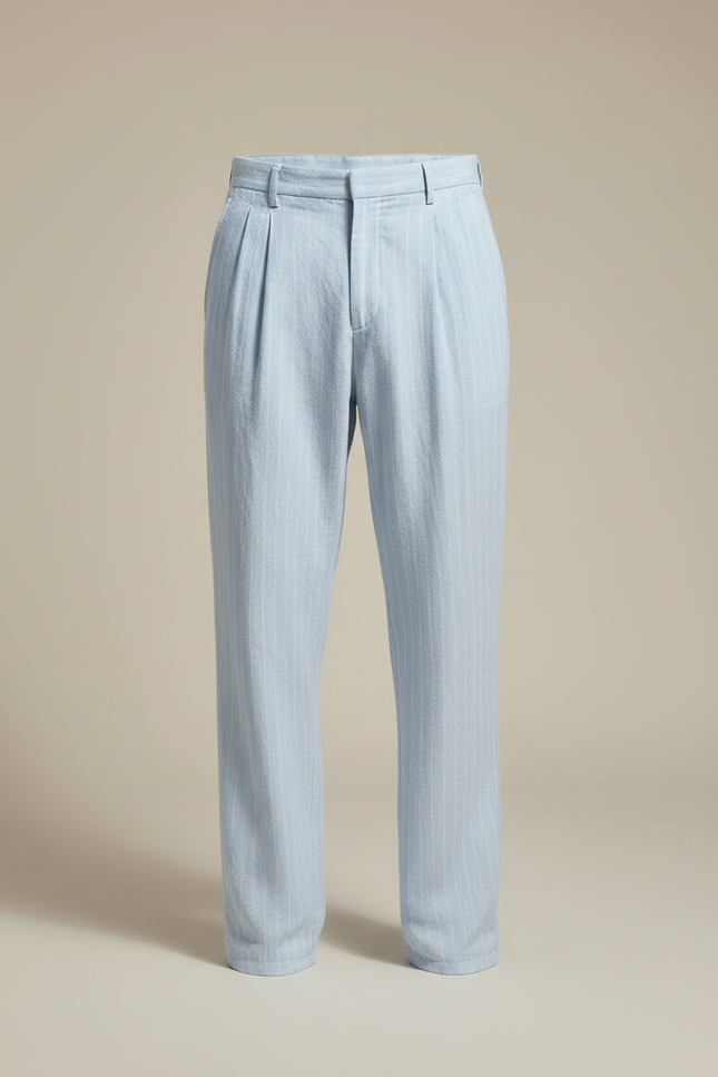 Pantalon À Pince Bleu Ciel Lin Rayé Décontracté Homme - vue 3