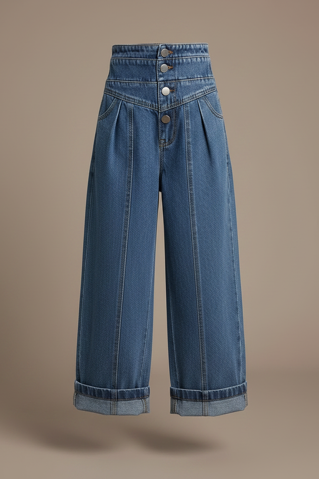 Pantalon À Pince Denim Plissé Ample Fille Décontracté - Bleu Jean - vue 3