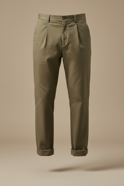 Pantalon À Pince Kaki Coton Plissé Décontracté Homme - vue 3