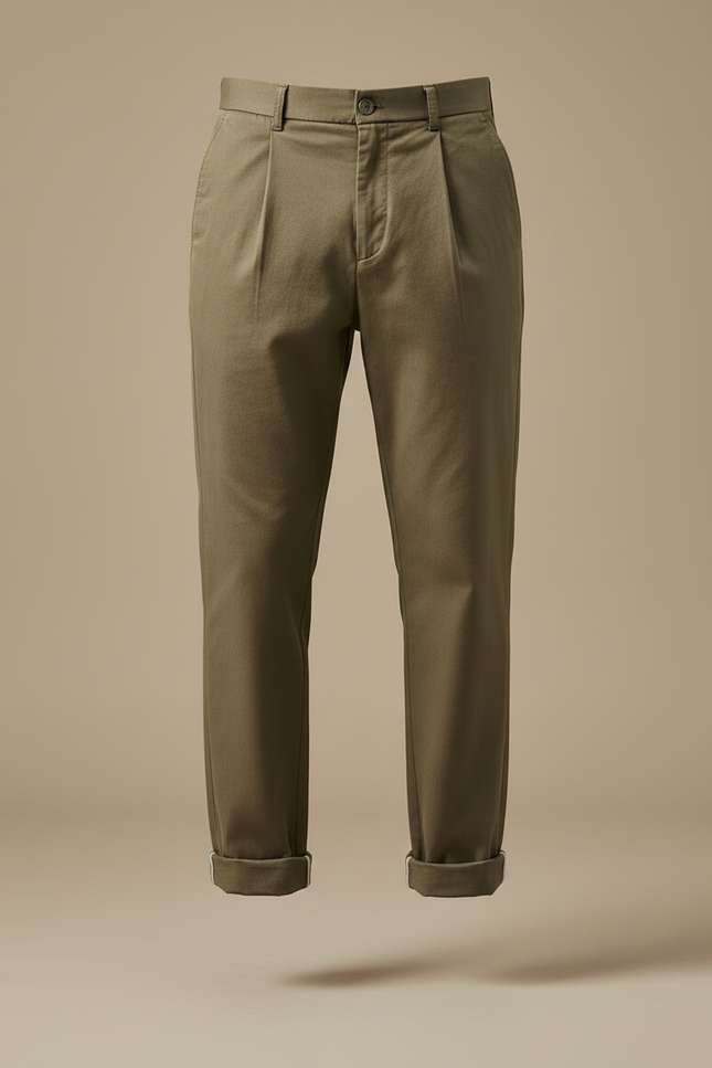 Pantalon À Pince Kaki Coton Plissé Décontracté Homme - vue 3