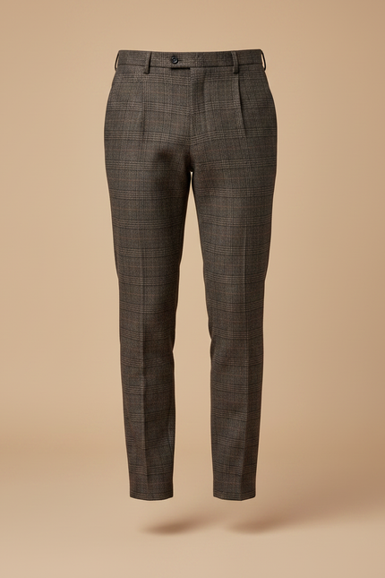 Pantalon À Pince Marron Carreaux Slim Élégant Homme - Laine - vue 3