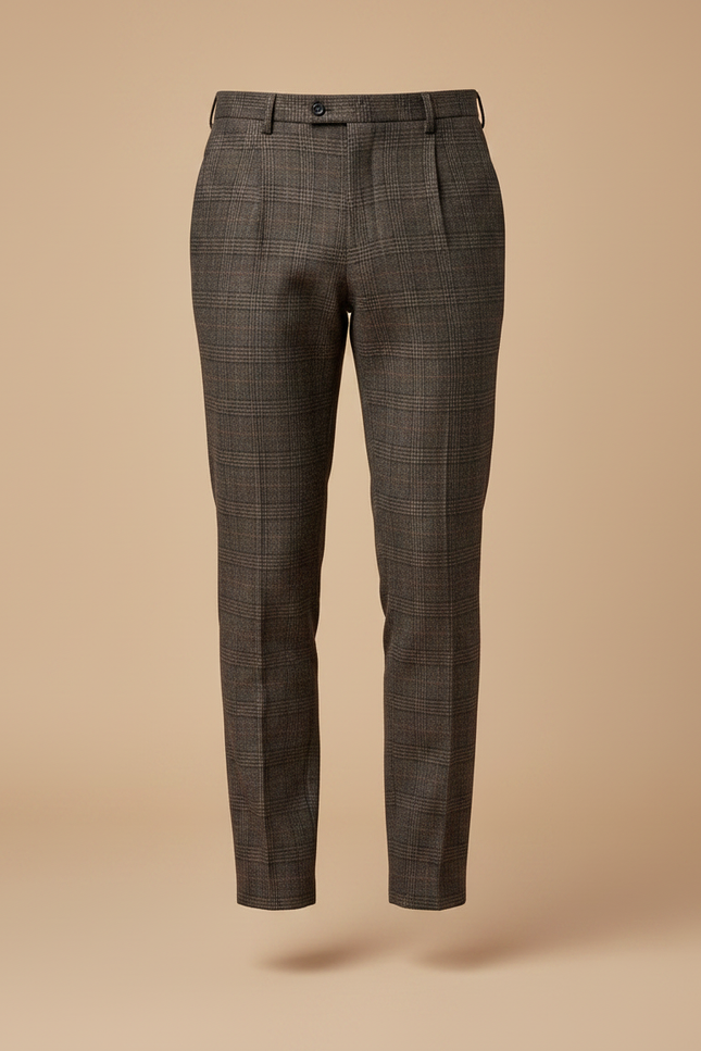 Pantalon À Pince Marron Carreaux Slim Élégant Homme - Laine - vue 3