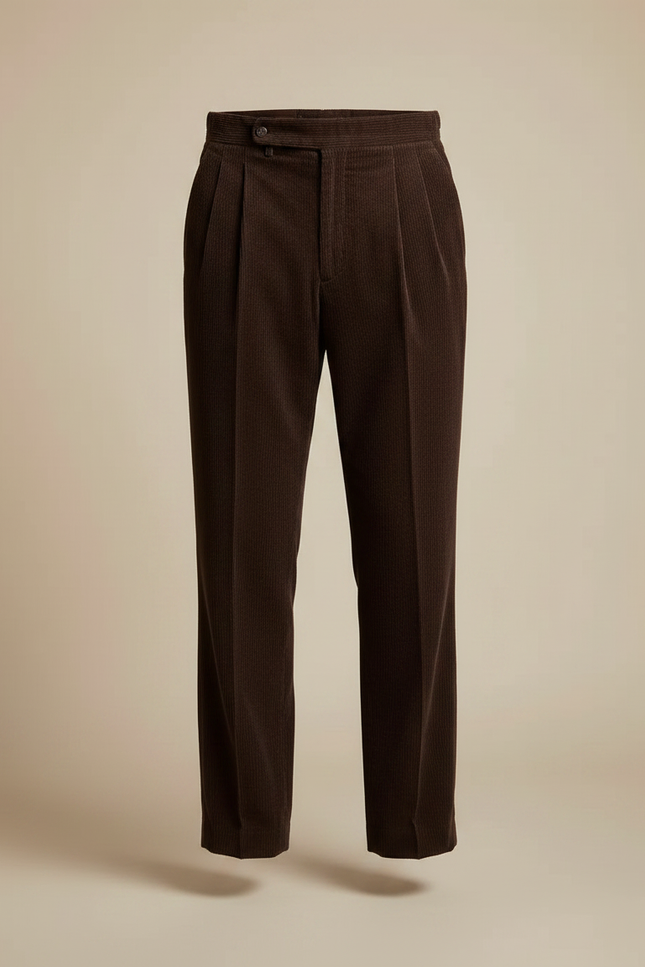 Pantalon À Pince Marron Côtelé Plissé Droit Homme - Cordé - vue 3