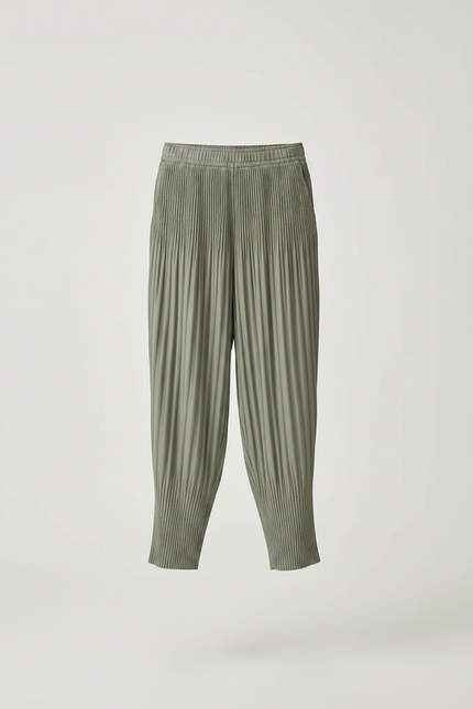 Pantalon À Pince Plissé Vert Ample Décontracté Fluide - Kaki Polyester - vue 3