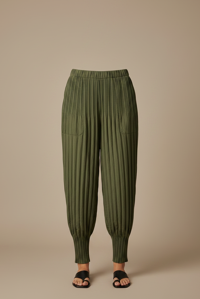 Pantalon À Pince Plissé Vert Kaki Ample Décontracté - Lin - vue 3