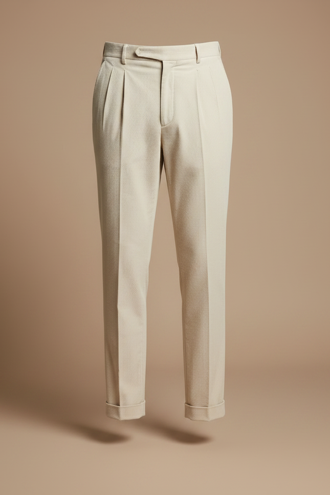 Pantalon À Pince Crème Côtelé Plissé Élégant Homme - Beige Cordé - vue 3