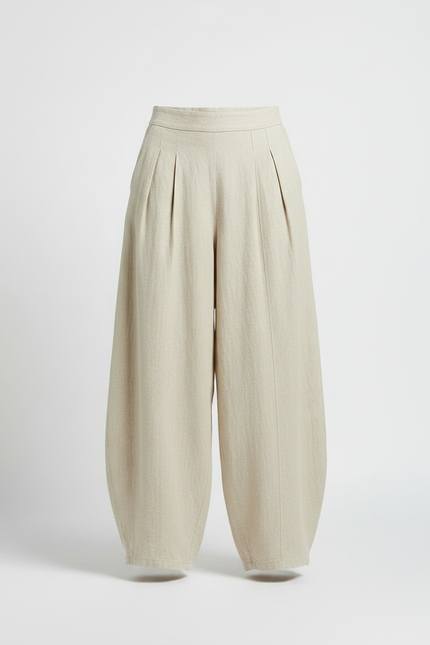 Pantalon À Pince Beige Lin Ample Plissé Élégant - vue 3