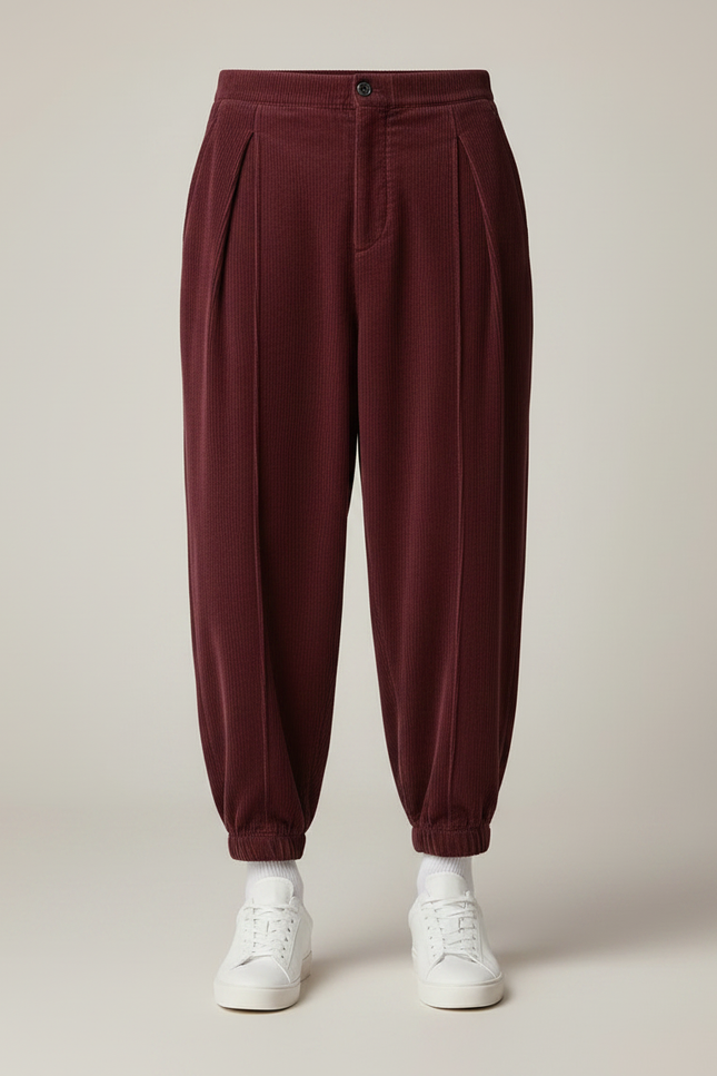Pantalon À Pince Bordeaux Côtelé Plissé Décontracté Homme - Cordé - vue 3
