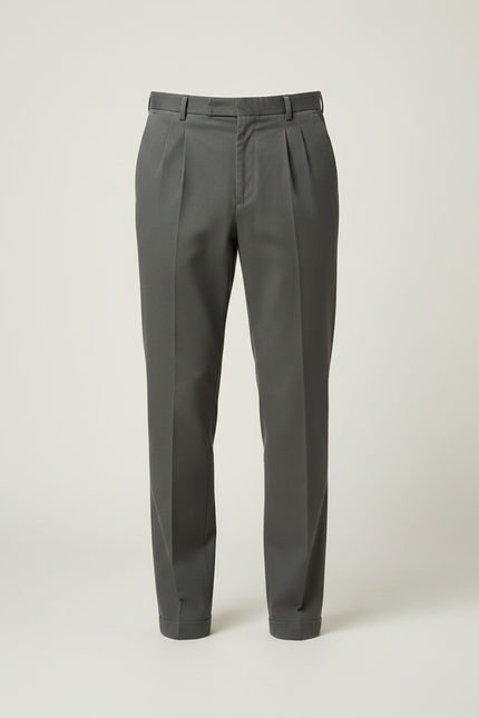 Pantalon À Pince Gris Coton Plissé Droit Élégant - vue 3