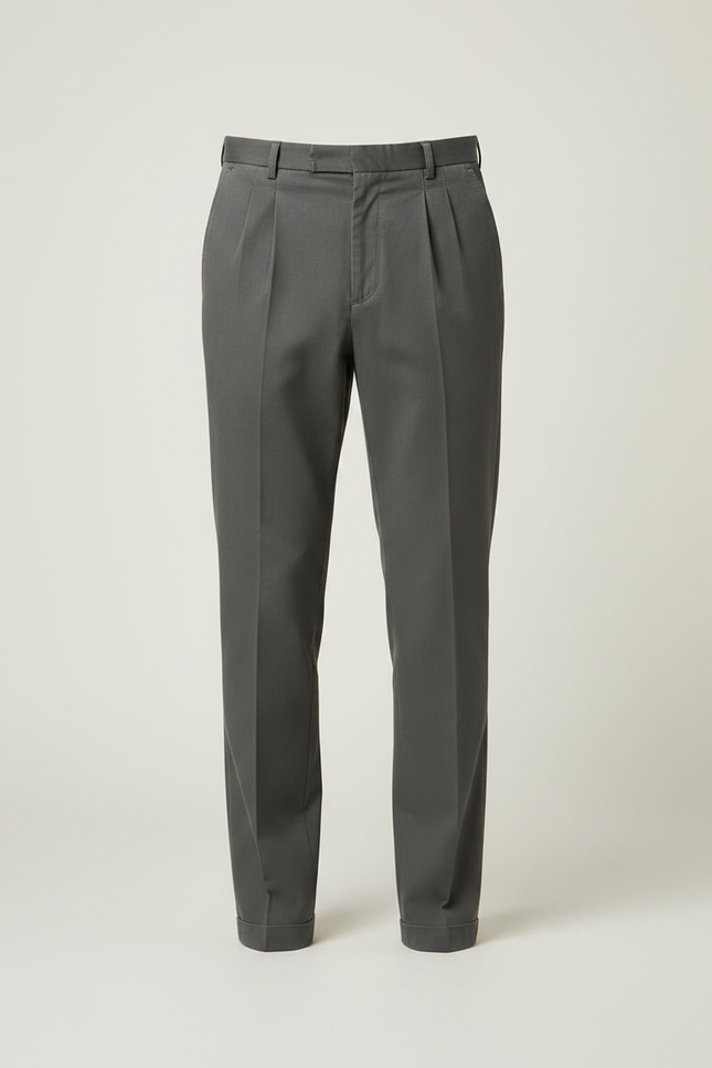 Pantalon À Pince Gris Coton Plissé Droit Élégant - vue 3