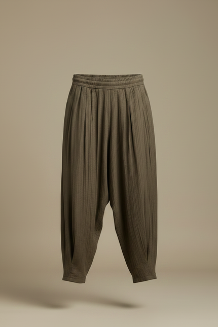 Pantalon À Pince Lin Plissé Ample Homme Kaki - vue 3