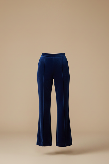 Pantalon À Pince Velours Bleu Marine Évasé Taille Haute - vue 3