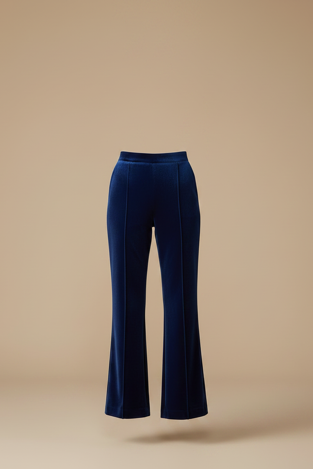 Pantalon À Pince Velours Bleu Marine Évasé Taille Haute - vue 3