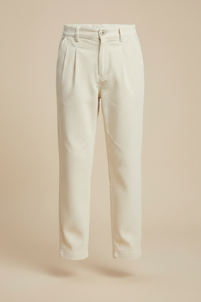 Pantalon À Pince Crème Côtelé Plissé Enfant Décontracté - Beige Cordé - vue 3