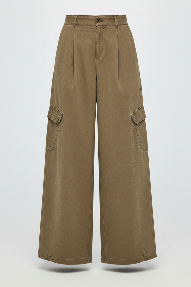 Pantalon À Pince Kaki Ample Décontracté Coton Ceinturé - vue 3