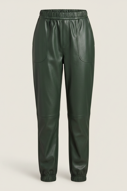 Pantalon À Pince Vert Similicuir Taille Élastique Décontracté - Simili cuir - vue 3