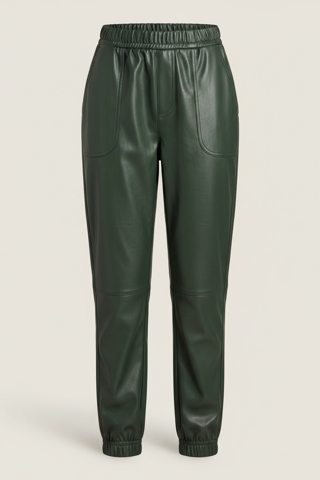 Pantalon À Pince Vert Similicuir Taille Élastique Décontracté - Simili cuir - vue 3