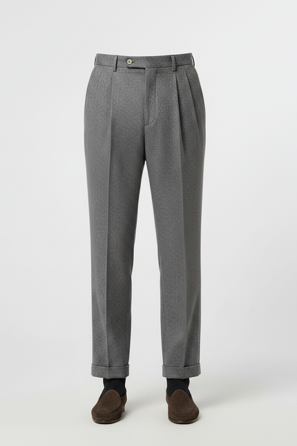 Pantalon À Pince Gris Plissé Droit Motif Micro-Géométrique Homme - Laine - vue 3