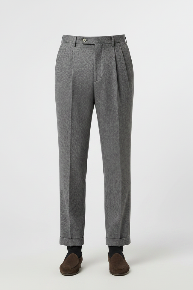 Pantalon À Pince Gris Plissé Droit Motif Micro-Géométrique Homme - Laine - vue 3